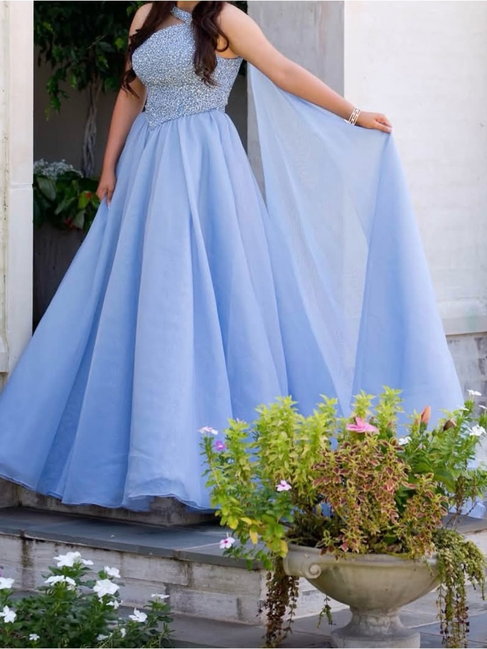 Johnathan Kayne Light Blue Beaded Halter Prom Gown